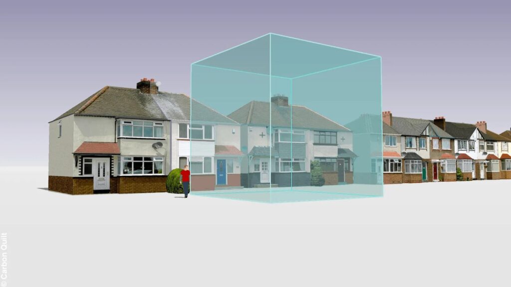 A graphic illustration of a row of semi-detached houses and a male figure standing on the street. A transparent blue cube sits in front of the houses. It is the width of nearly two houses and slightly taller than the chimneys on the houses